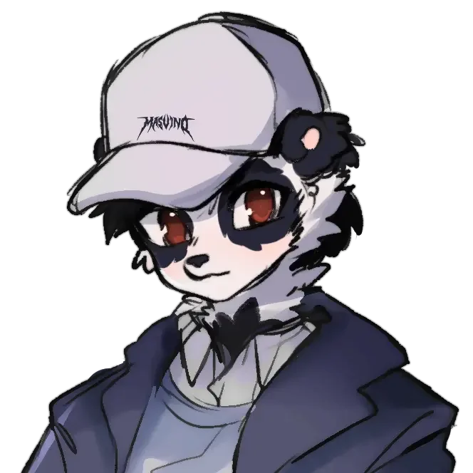 Illustrated panda character wearing a white cap and a navy jacket over a grey hoodie, smiling softly.